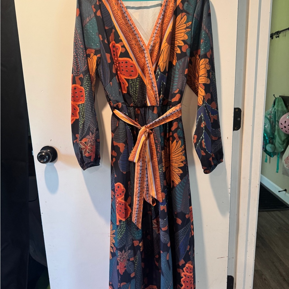 BloomChic Floral Long Sleeve Dress - Orange and Blue